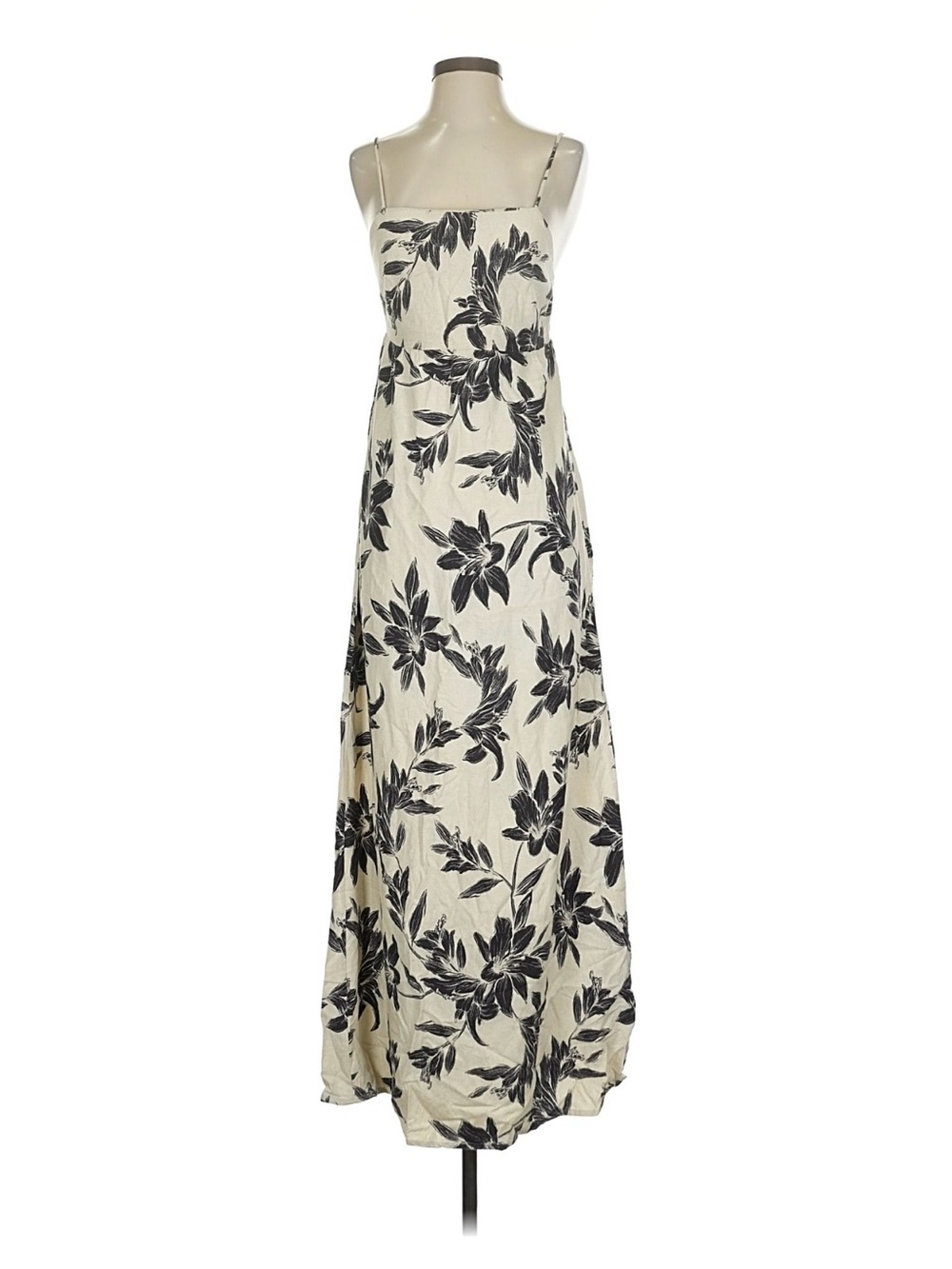 Cream Maxi Dress with Black Floral Print and Spaghetti Straps